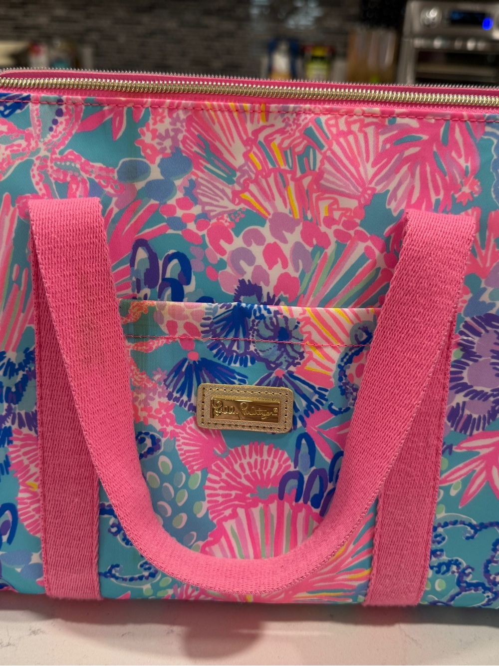 Lilly Pulitzer Pink & Aqua Floral Lunch Tote with Gold Logo